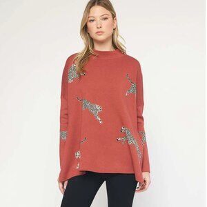 Anthropologie ENTRO Rust Mock Neck OVERSIZED Cheetah Sweater Leopard L XL